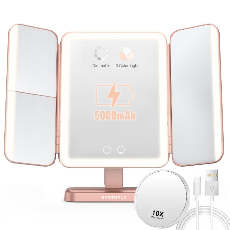 EASEHOLD Rechargable Makeup Mirror Vanity Mirror with Lights, 5000Mah & USB Cable, 112 LEDs Lighted Trifold Mirror with 1X 2X 3X 10X Magnification, Smart Touch, Portable Cosmetic Beauty Mirror - Image 1